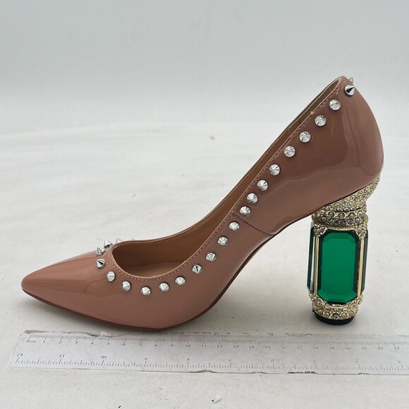 FSJ Nude Studded Rivets Pointed Toe High Heel Crystal Pumps Slip on Dress Shoes - Picture 1 of 7